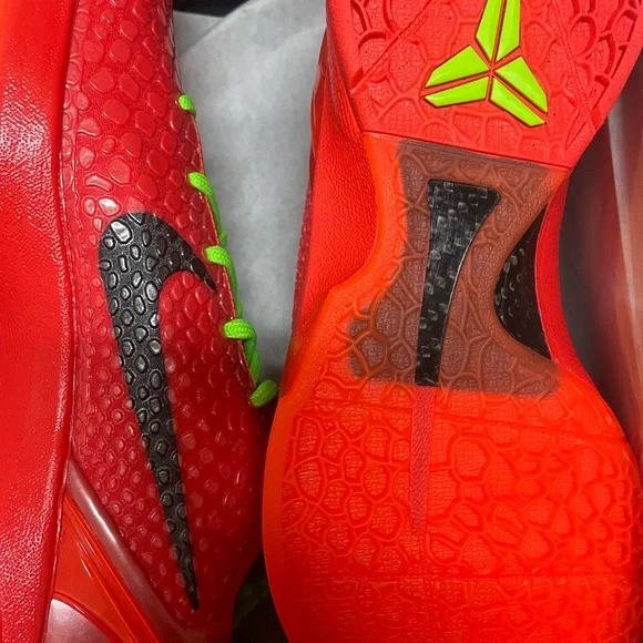 Nike Kobe 6 Protro Reverse Grinch Red and Black Athletic Shoes with Green Laces - Picture 5 of 10
